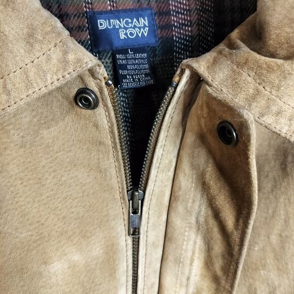 M788) Vintage Duncan Row Large Tan Leather Bomber Plaid Lined Jacket - Picture 9 of 13